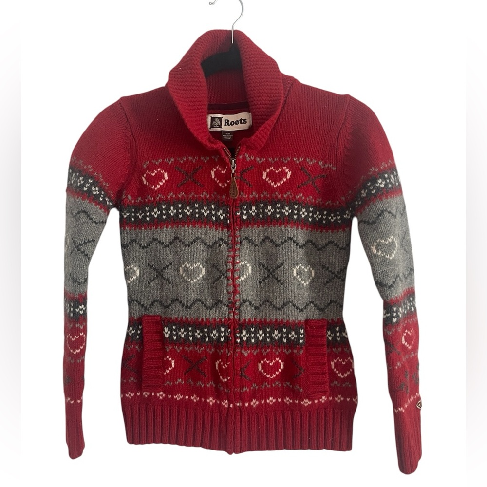 Roots Kids Lambswool Full Zip Sweater Cardigan Knit Red Size Medium Canada